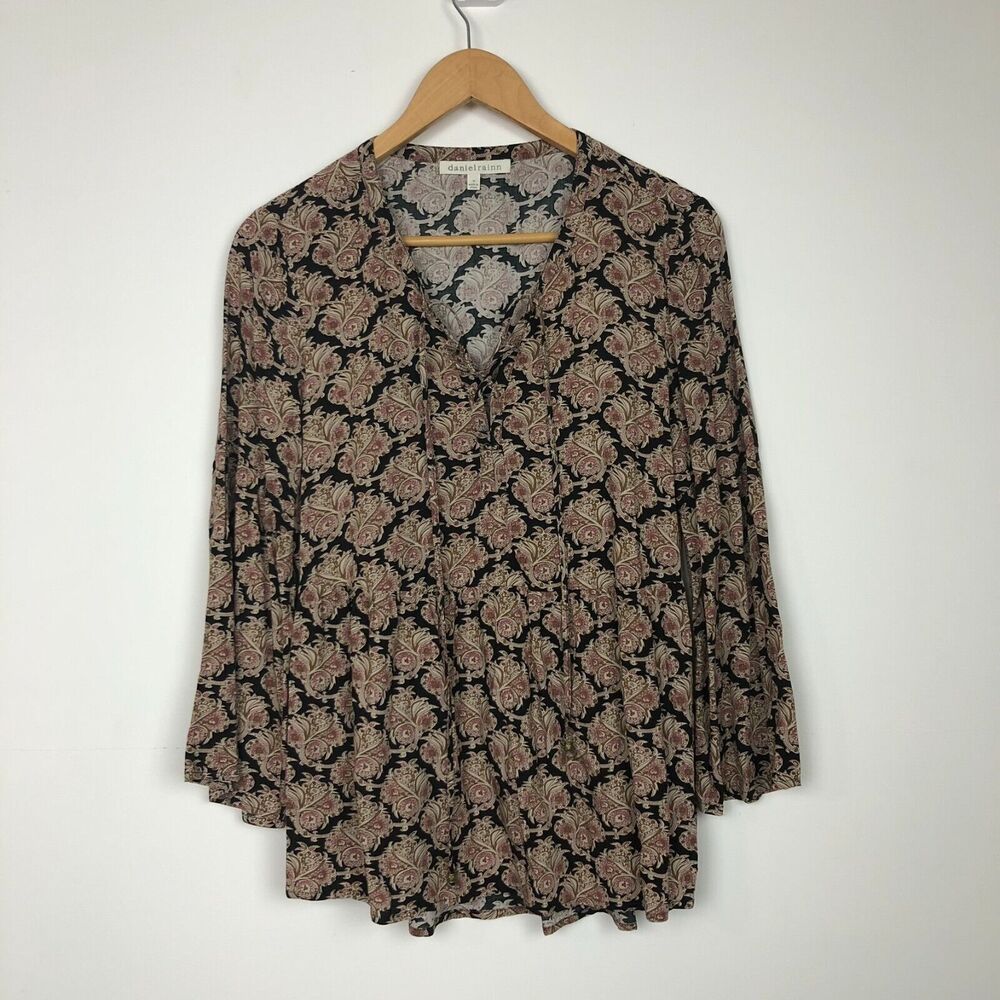 Daniel Rainn Women's Printed Long Sleeve Lace Up Top Shirt Boho Size Medium